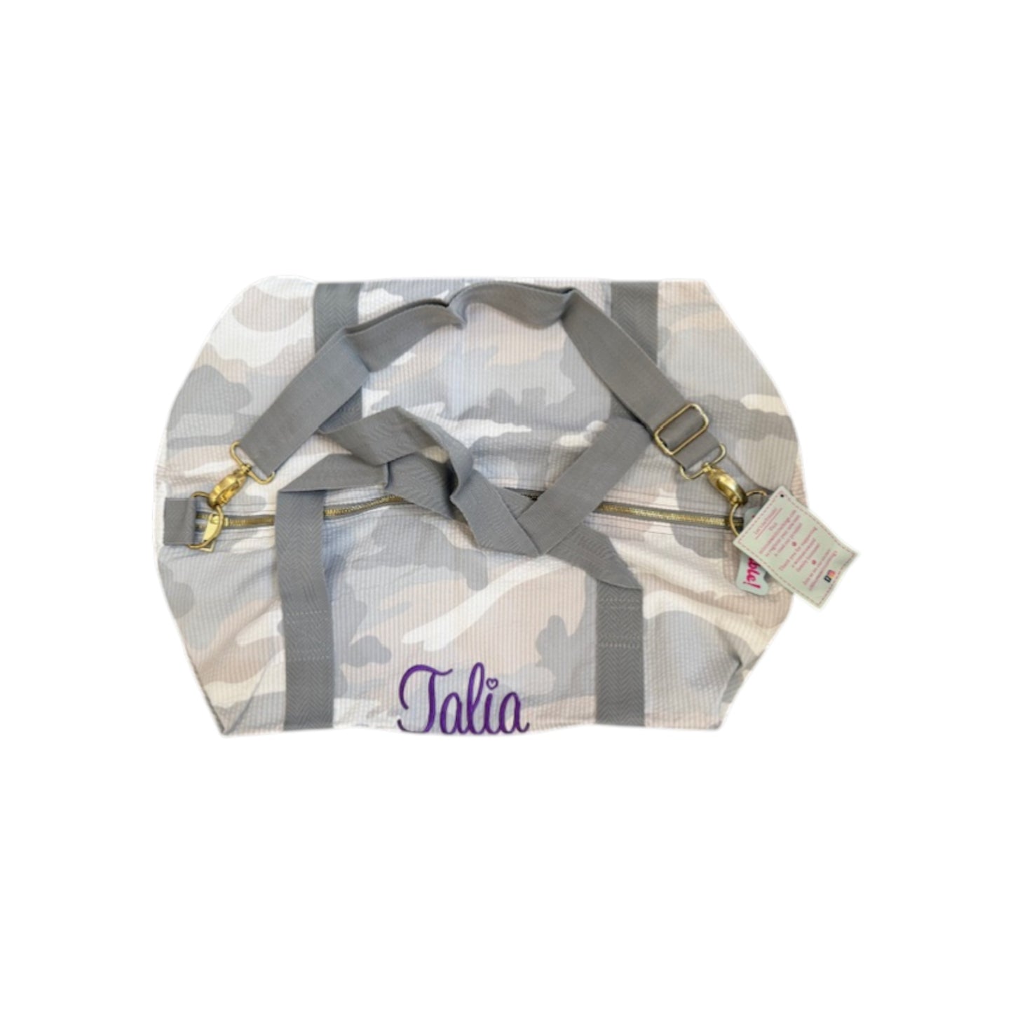 Talia Purple Name Grey Camo Seersucker Personalized Embroidered Name Duffle Bag