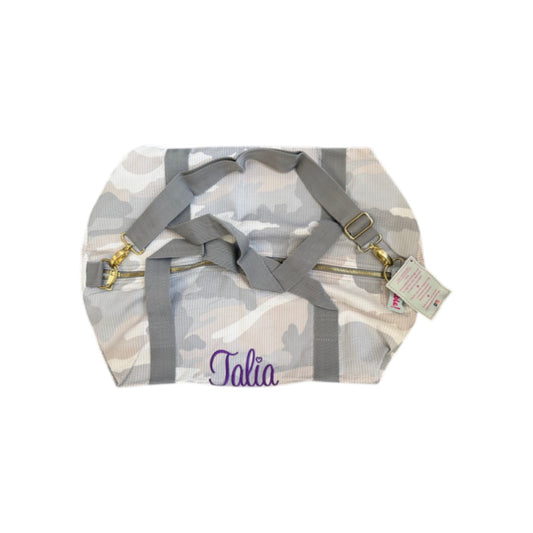 Talia Purple Name Grey Camo Seersucker Personalized Embroidered Name Duffle Bag
