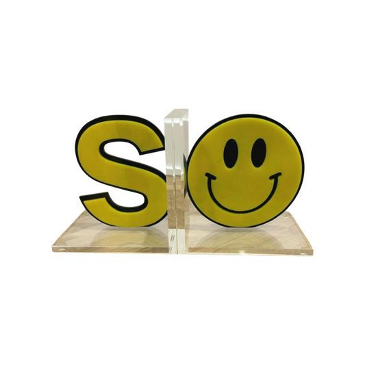 Initial S/Smiley Face  Lucite Book Ends