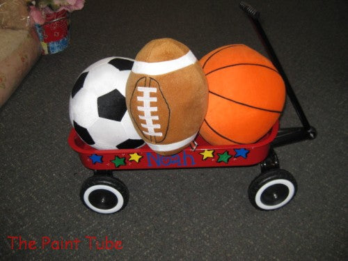 Velour Sports Balls Pillows and Red Wagon