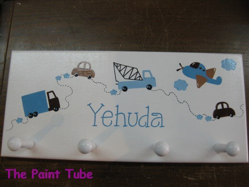 Yehuda Transportation Theme White Wall Plaque with Pegs