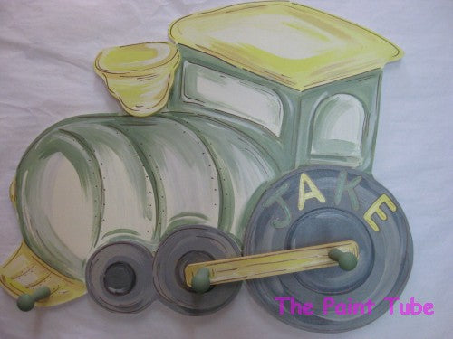 Sage Green/Yellow Train Wall Plaque with Pegs