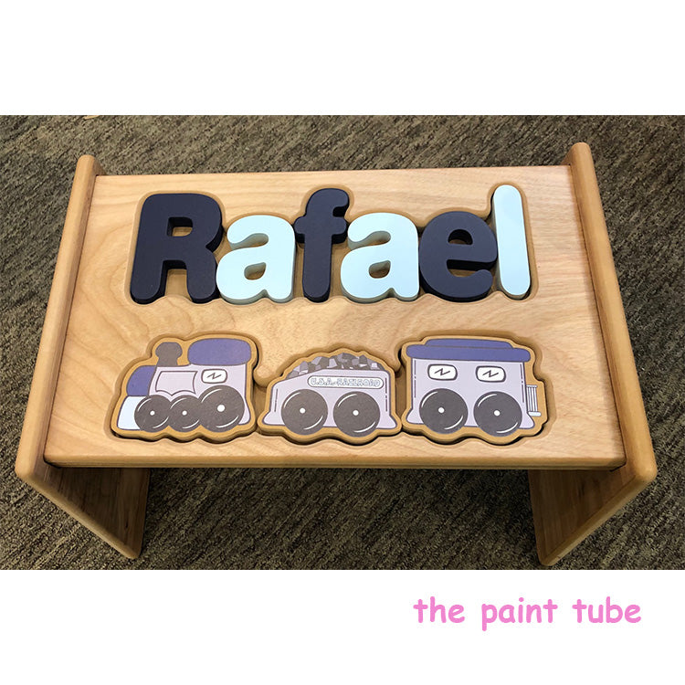 Rafael Natural Wood Blue/Light Blue Train Puzzle Stool