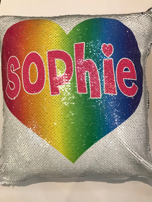 Sophie Rainbow Heart &#8220;now you see it,now you don&#8217;t &#8220;Sequin Pillow
