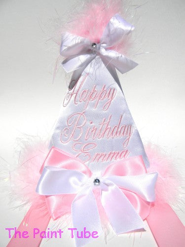 Personalized Birthday Hat in White Satin with Baby Pink
