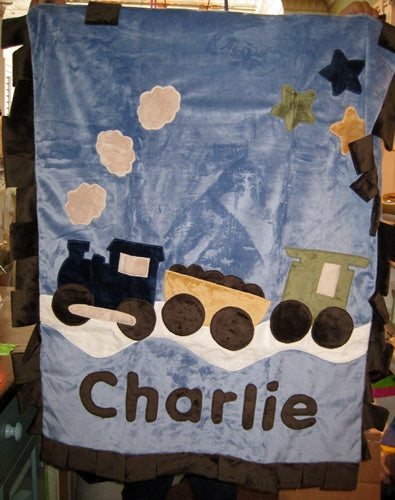Charlie Train/ Light Blue Minky Background Blanket